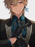  1boy aqua_shirt aventurine_(honkai:_star_rail) black_gloves black_necktie blonde_hair boss_yupi closed_mouth collared_shirt earrings gloves hair_between_eyes highres honkai:_star_rail honkai_(series) jewelry looking_at_viewer male_focus multicolored_eyes necktie shirt short_hair solo suit white_background 