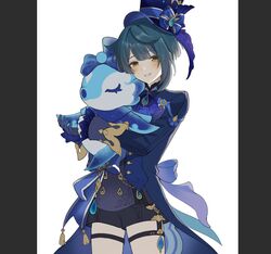  1boy ascot asymmetrical_gloves black_gloves black_shirt black_shorts blue_ascot blue_brooch blue_gemstone blue_hair blue_hat blue_jacket blue_sleeves cosplay cowlick furina_(genshin_impact) furina_(genshin_impact)_(cosplay) gem genshin_impact gloves gorila_chan hair_between_eyes hat holding hug jacket jewelry kodona lolita_fashion long_sleeves mismatched_gloves shirt short_hair shorts simple_background smile surintendante_chevalmarin top_hat white_gloves white_trim_bow xingqiu_(genshin_impact) yellow_eyes 