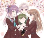  4girls :d aegis_zan aqua_neckerchief arms_around_neck black_gloves blurry blurry_background bob_cut brown_dress brown_hair check_commentary cherry_blossoms closed_mouth colored_inner_hair commentary_request diagonal_bangs dress falling_petals flower fujishima_megumi gloves green_eyes green_hair grey_hair group_hug hair_bun hair_flower hair_ornament hairclip half_gloves hands_on_another&#039;s_arms happy hasu_no_sora_school_uniform height_difference highres hug inverted_bob link!_like!_love_live! long_hair long_sleeves looking_at_another love_live! multicolored_hair multiple_girls neckerchief oogami_sachi open_mouth otomune_kozue petals pink_eyes pink_flower pink_petals pleated_dress purple_hair red_flower redhead sailor_collar sailor_dress school_uniform short_hair side_ponytail sidelocks sideways_mouth single_side_bun smile split_mouth star_(symbol) star_hair_ornament straight_hair streaked_hair swept_bangs two_side_up violet_eyes virtual_youtuber white_background white_sailor_collar winter_uniform yellow_neckerchief yugiri_tsuzuri 