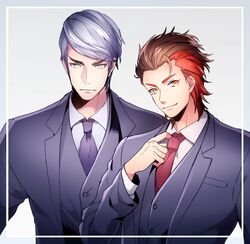  2boys alternate_costume alternate_hairstyle brown_hair collared_shirt contemporary frown green_eyes grey_background grey_hair hair_slicked_back ishida_mitsunari_(sengoku_basara) kkkaaaayyy looking_at_viewer male_focus multicolored_hair multiple_boys necktie portrait purple_necktie red_necktie redhead sengoku_basara shima_sakon_(sengoku_basara) shirt short_hair simple_background smile suit two-tone_hair vest waistcoat white_shirt 