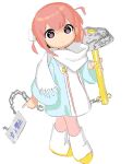  1girl bad_drawr_id bad_id black_eyes blue_shirt boots chain child closed_mouth expressionless full_body hammer holding holding_hammer kwgt looking_at_viewer oekaki original redhead scarf shirt short_hair simple_background solo standing tachi-e white_background white_footwear white_scarf wide_sleeves 