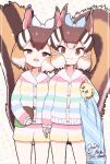  2girls animal_ears blanket brown_eyes brown_hair chiikawa chipmunk_ears chipmunk_girl chipmunk_tail extra_ears highres kemono_friends kemono_friends_3 kemono_friends_v_project kitsunetsuki_itsuki looking_at_viewer multiple_girls pajamas ribbon short_hair siberian_chipmunk_(kemono_friends) simple_background tail virtual_youtuber 