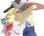  3girls alice_margatroid black_bow black_bowtie black_hat blonde_hair blue_bow bow bowtie braid capelet closed_eyes closed_mouth dappled_sunlight doll frilled_capelet frilled_hairband frills hair_bow hairband hat hat_bow head_on_another&#039;s_shoulder kazune_(baumkuchen) kirisame_marisa leaning_on_person light_particles lolita_hairband long_hair multiple_girls neck_ribbon parted_lips red_hairband red_ribbon ribbon shanghai_doll short_hair short_sleeves side_braid simple_background sleeping sleeping_upright sunlight third-party_source touhou u_u upper_body white_background white_bow white_capelet witch_hat 
