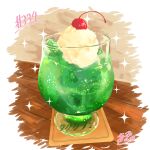  absurdres cherry coaster cup drink drinking_glass food food_focus fruit highres ice_cream ice_cream_float melon_soda no_humans original table takisou_sou 