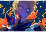  1boy artist_name ascot black_gloves blonde_hair blood blood_on_clothes blood_on_face blue_eyes clenched_teeth commentary_request fire gloves looking_at_viewer male_focus newdo one_piece sabo_(one_piece) scar scar_across_eye scar_on_face short_hair smile solo teeth twitter_username web_address white_ascot 