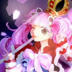  1girl ;) blunt_bangs bow bowtie capelet dated_commentary fengwj33 hair_tie highres holding holding_umbrella looking_at_viewer one_eye_closed one_piece perona petals pink_bow pink_bowtie pink_hair red_capelet smile solo tongue tongue_out twintails umbrella upper_body 