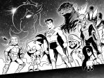  2girls 5boys animal_ears animal_nose black_hair black_sclera blue_bodysuit blue_eyes blue_fur bodysuit brandon_santiago cape colored_sclera crossover crown dc_comics dress earrings facial_hair furry furry_male giant giant_monster gloves godzilla godzilla_(series) green_eyes greyscale hair_over_one_eye hedgehog hedgehog_ears hedgehog_tail highres holding holding_nunchaku holding_weapon jewelry kaijuu long_hair mario marvel mask michelangelo_(tmnt) monochrome monster multiple_boys multiple_girls muscular muscular_male mustache ninja nunchaku off-shoulder_dress off_shoulder print_bodysuit red_bodysuit red_cape red_footwear reptile_boy rosalina sharp_teeth shirt short_hair smile sonic_(series) sonic_the_hedgehog spider-man spider-man_(series) spider_web_print spines super_mario_bros. super_mario_galaxy superhero_costume superman superman_(series) teenage_mutant_ninja_turtles teeth turtle turtle_boy turtle_shell two-tone_bodysuit weapon white_eyes white_gloves 