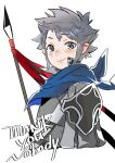  1boy absurdres bandana blue_bandana fire_emblem fire_emblem_fates grey_eyes grey_hair highres holding holding_polearm holding_weapon kana_(fire_emblem) kana_(male)_(fire_emblem) light_smile misokatsuhaumai open_mouth pointy_ears polearm weapon 