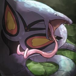  absurdres arbok black_eyes bright_pupils commentary_request fangs highres looking_at_viewer no_humans open_mouth outdoors pokemon pokemon_(creature) snake solo spicyichizo tongue tongue_out white_pupils 