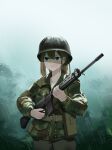  1girl absurdres battle_rifle black_hat black_pants blue_eyes brown_hair camouflage combat_helmet fal_(girls&#039;_frontline) fn_fal gewehrbroker girls_frontline green_shirt gun helmet highres military_uniform pants rain rifle serious shirt solo uniform weapon white_shirt woodland_camouflage 