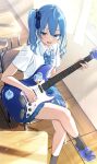  1girl absurdres aogami_high_school_uniform black_socks blue_eyes blue_hair blue_nails bow bowtie classroom crossed_legs desk electric_guitar fender_stratocaster from_above guitar hair_between_eyes highres hololive hoshimachi_suisei indoors instrument long_hair nisi_ki_no open_mouth plaid plaid_bow plaid_bowtie plaid_skirt pleated_skirt revision sandals school_desk school_uniform shirt short_sleeves side_ponytail sidelocks sitting skirt socks sticker virtual_youtuber white_shirt 