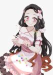  1girl bare_shoulders black_hair breasts brown_hair closed_mouth dress flower forehead hair_ornament heart heart_hair_ornament highres kamado_nezuko kimetsu_no_yaiba long_hair looking_at_viewer medium_breasts multicolored_hair pink_dress pink_eyes pink_nails pori_(kmt_pori) ribbon smile solo 