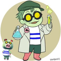  1boy animal_crossing coat cobb_(animal_crossing) colored_skin flask full_body glasses green_hair green_hat green_pants green_skin grey_coat hat holding holding_flask holding_test_tube humanization long_sleeves mad_scientist male_focus open_mouth pants pink_footwear reference_inset round_eyewear shirt striped_clothes striped_shirt tamtamdi test_tube 