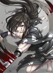  1boy amputee bandaged_arm bandaged_leg bandages barefoot black_kimono blood blood_on_face blood_on_weapon dororo_(tezuka) double_amputee fingerless_gloves floating_hair foot_out_of_frame gloves grey_background hair_between_eyes highres hyakkimaru_(dororo) japanese_clothes kimono long_hair looking_at_viewer male_focus mouth_hold piroshiki_(piroshiki13) ponytail prosthetic_weapon red_eyes slashing solo toes toned toned_male torn_clothes torn_kimono weapon 