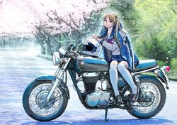  1girl absurdres bakuon!! bell black_footwear blonde_hair blue_sailor_collar blue_skirt brown_eyes cherry_blossoms full_body hair_bell hair_ornament helmet highres jacket jacket_on_shoulders loafers looking_at_viewer on_motorcycle outdoors petals pleated_skirt road sailor_collar sakuma_masanori shirt shoes sitting skirt solo suzunoki_rin thigh-highs twintails unworn_headwear unworn_helmet vehicle_focus visor_lift white_shirt white_thighhighs 