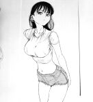  1girl bad_id bad_pixiv_id black_hair collarbone crop_top dende_(dndn222) earrings greyscale highres jewelry leaning_forward long_hair looking_at_viewer monochrome navel original scan scan_artifacts shorts solo standing stomach thighs traditional_media 