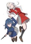  2girls absurdres aiming aiming_at_viewer black_socks blue_dress blue_eyes blue_hair blue_ribbon brown_footwear brown_thighhighs byleth_(female)_(fire_emblem) byleth_(fire_emblem) closed_mouth commentary_request cosplay dress edelgard_von_hresvelg fire_emblem fire_emblem:_three_houses full_body green_ribbon gun hair_ribbon handgun highres holding holding_gun holding_knife holding_weapon inoue_takina inoue_takina_(cosplay) kneehighs knife loafers long_hair long_sleeves looking_at_viewer lycoris_recoil lycoris_uniform multiple_girls neck_ribbon nishikigi_chisato nishikigi_chisato_(cosplay) purple_ribbon red_dress ribbon shoes simple_background socks thigh-highs toho10min violet_eyes weapon white_background white_hair 