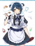  1boy :d absurdres apron black_shirt blue_hair blue_ribbon bottle earrings food genshin_impact gorila_chan highres holding holding_bottle holding_spoon jewelry ketchup_bottle long_sleeves looking_at_viewer maid maid_apron maid_headdress male_focus multiple_boys omelet omurice otoko_no_ko ribbon shirt short_hair short_twintails simple_background single_earring skirt smile solo spoon tongue tongue_out twintails xingqiu_(genshin_impact) yellow_eyes 