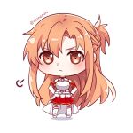  1girl :&lt; armor artist_name asuna_(sao) bare_shoulders braid breastplate brown_eyes chibi chibi_only closed_mouth commentary detached_sleeves dress french_braid frown full_body hair_between_eyes hands_on_own_hips highres huffing istriri light_blush long_hair looking_at_viewer orange_hair pleated_skirt red_skirt simple_background skirt solo standing sword_art_online thigh-highs turtleneck turtleneck_dress twitter_username white_background white_dress white_sleeves white_thighhighs zettai_ryouiki 