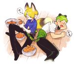  2boys animal_ears artist_name belt black_pants blonde_hair blue_shirt blush bowl carrot cigarette commentary_request cropped_legs curly_eyebrows floor food fox_boy fox_ears fox_tail full_body green_hair hair_over_one_eye haramaki holding holding_food holding_vegetable long_sleeves lying male_focus mitsubachi_koucha multiple_boys musical_note on_side one_piece pants peeling roronoa_zoro sanji_(one_piece) shirt short_hair short_sleeves simple_background sleeping spoken_musical_note spoken_zzz tail tail_wrap tiger_boy tiger_ears tiger_tail vegetable white_shirt wooden_floor yawning zzz 
