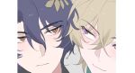  2boys blonde_hair blue_hair close-up closed_mouth dr._ratio_(honkai:_star_rail) hair_between_eyes hair_ornament heads_together highres honkai:_star_rail honkai_(series) literally1me looking_at_another male_focus multiple_boys red_eyes ringed_eyes short_hair simple_background smile violet_eyes white_background 