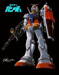  1970s_(style) 1980s_(style) beam_rifle black_background concept_art energy_gun gundam mecha mobile_suit mobile_suit_gundam no_humans official_art ookawara_kunio painting_(medium) promotional_art retro_artstyle robot rx-78-2 scan science_fiction shield signature title traditional_media v-fin weapon 