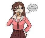  1girl azumanga_daioh azumanga_daioh&#039;s_school_uniform breasts brown_eyes brown_hair brown_skirt commentary cowboy_shot eating english_text esibisi facing_viewer food furrowed_brow glasses hand_on_own_hip hand_up holding holding_food long_hair long_sleeves looking_to_the_side mizuhara_koyomi open_mouth pink_shirt sailor_collar school_uniform serafuku shirt simple_background skirt solo standing taiyaki thought_bubble v-shaped_eyebrows wagashi white_background white_sailor_collar winter_uniform 