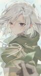  1boy absurdres black_eyes cape dungeon_meshi green_cape green_shirt highres long_sleeves male_focus maratang mithrun notched_ear pointy_ears shirt short_hair simple_background solo vest white_background white_hair white_vest 