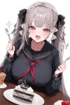  1girl absurdres azur_lane black_sailor_collar black_serafuku blush breasts cake chocolate_cake food fork formidable_(azur_lane) formidable_(the_lover&#039;s_heart_flutters_on_duty)_(azur_lane) freng grey_hair highres holding holding_fork huge_breasts long_sleeves looking_at_viewer neckerchief open_mouth pink_eyes plate red_neckerchief sailor_collar school_uniform serafuku simple_background smile solo twintails white_background 
