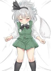  1girl absurdres black_bow black_bowtie black_hairband black_ribbon black_socks blush bow bowtie closed_eyes closed_mouth commentary feet_out_of_frame floating_hair furrowed_brow ghost green_skirt green_vest hair_bow hair_ribbon hairband highres kneehighs konpaku_youmu konpaku_youmu_(ghost) light_smile long_sleeves pleated_skirt ribbon shirt short_hair simple_background sketch skirt smile socks solo standing sweatdrop touhou vest white_background white_hair white_shirt wind youmu-kun 