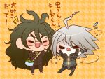  2boys ahoge android animal_on_hand barefoot black-framed_eyewear black_eyes blue_jacket brown_pants brown_suit bug buttons chibi collared_jacket collared_shirt commentary_request danganronpa_(series) danganronpa_v3:_killing_harmony fly flying_sweatdrops glasses glowing gokuhara_gonta green_hair green_necktie grey_hair hair_between_eyes hand_on_own_cheek hand_on_own_face happy heart insect_cage jacket k1-b0 lapel_pin lapels layered_sleeves light_blush long_hair long_sleeves male_focus messy_hair motion_lines multiple_boys necktie notched_lapels notice_lines open_mouth orange_background panicking pants patterned_background pocket round_eyewear shirt short_hair simple_background smile solid_oval_eyes standing suit thick_eyebrows translation_request turn_pale v-shaped_eyebrows very_long_hair wavy_mouth white_shirt yumaru_(marumarumaru) 