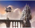  aircraft airship arizdigitalart bridge castle day final_fantasy final_fantasy_xiv highres no_humans outdoors scenery sky star_(sky) starry_sky 