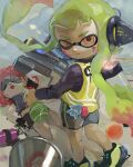  2girls :&lt; agent_3_(splatoon) armor bike_shorts black_footwear black_gloves black_shirt black_shorts breastplate burst_bomb_(splatoon) closed_mouth commentary_request crop_top fingerless_gloves floating_hair from_behind gloves goggles green_hair gun half-closed_eye headphones hero_shot_(splatoon) high-visibility_vest highres holding holding_gun holding_weapon ink_tank_(splatoon) inkling inkling_girl inkling_player_character long_hair long_sleeves looking_at_viewer looking_back lying mepo_1 multiple_girls octoshot_(splatoon) on_floor open_mouth orange_eyes paint_splatter paint_splatter_on_face redhead shirt shorts splatoon_(series) splatoon_1 squidbeak_splatoon standing takozonesu tentacle_hair twintails uneven_eyes very_long_hair vest weapon yellow_vest 