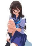  07nono06 1girl absurdres aqua_eyes black_footwear black_hair black_socks blue_sailor_collar blue_skirt blush collarbone commentary_request commission glasses highres hugging_own_legs knee_up long_hair open_mouth original sailor_collar school_uniform serafuku shirt short_sleeves simple_background sitting skeb_commission skirt socks solo white_background white_shirt 