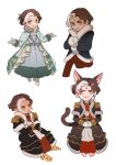  1boy 5altybitter5 animal_ears black_coat brown_hair cat_ears cat_tail chibi closed_mouth coat earrings emet-selch epaulettes final_fantasy final_fantasy_xiv gloves highres jewelry kemonomimi_mode long_coat looking_at_viewer male_focus multicolored_hair multiple_views short_hair simple_background smile streaked_hair tail white_background white_gloves yellow_eyes 