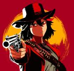  1girl black_hair breasts cowboy_hat cowboy_western crossover daigo_(daistrangelove) gun handgun hat highres holding holding_gun holding_weapon kill_la_kill long_sleeves looking_at_viewer matoi_ryuuko multicolored_hair red_dead_redemption redhead revolver shirt short_hair solo two-tone_hair weapon 