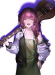  1girl :d ^_^ absurdres black_ribbon bocchi_the_rock! braid braided_ponytail closed_eyes dress electric_guitar green_dress guitar hair_ribbon highres hiroi_kikuri holding holding_instrument instrument jacket long_hair long_sleeves off_shoulder open_clothes open_jacket open_mouth redhead ribbon smile solo zuzu_(wckd7545) 