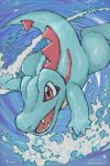  blue_background brown_eyes commentary_request dated highres kurakimikage327 no_humans open_mouth pokemon pokemon_(creature) solo teeth totodile twitter_username water water_drop watermark 