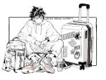 1boy backpack bag camping_chair copyright_name cup disposable_cup earbuds_charging_case english_text eyeshield_21 full_body greyscale highres hood hoodie kobayakawa_sena long_sleeves male_focus monochrome rolling_suitcase shoes short_hair sitting smartjoy sneakers solo spiky_hair spot_color starbucks sticker suitcase ueda-pix watch watch 