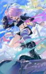  1girl :d ahoge benghuai_xueyuan black_footwear black_jacket black_shorts black_tube_top blue_sky boots clouds cloudy_sky dress full_body hair_over_one_eye highres holding homu_(honkai_impact) honkai_(series) jacket looking_at_viewer multicolored_hair open_clothes open_jacket open_mouth outdoors pink_hair purple_dress purple_thighhighs sharp_teeth shorts sin_mal sin_mal0909 single_thighhigh skateboard sky smile solo standing standing_on_one_leg strapless striped_clothes striped_thighhighs teeth thigh-highs tube_top two-tone_hair white_thighhighs yellow_eyes 