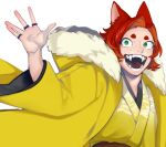  1boy animal_ears coat colored_inner_hair fangs fox_boy fox_ears freckles fur-trimmed_hood fur_trim green_eyes hand_up hood hood_down hooded_coat japanese_clothes jewelry kimono long_sleeves looking_at_viewer male_focus multicolored_hair multiple_rings open_mouth orange_hair original redhead ring short_eyebrows simple_background solo upper_body white_background yellow_coat yellow_kimono zzb_azz 