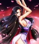  1girl arms_up black_hair blue_eyes breasts cowboy_shot english_commentary eyelashes floral_print_kimono greciiagzz hair_slicked_back haori highres instagram_logo instagram_username japanese_clothes kimono long_hair looking_at_viewer nico_robin obi one_piece petals pink_petals profile purple_sash sash side_slit sideboob sidelocks sleeveless sleeveless_kimono solo twitter_logo twitter_username 