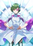  1boy a3! absurdres androgynous artist_name green_hair hands_on_own_hips headset highres looking_at_viewer rurikawa_yuki scouter smile solo standing taka_banyaaa thigh-highs wide_sleeves yellow_eyes 