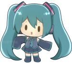  1girl chibi collared_shirt detached_sleeves full_body hair_ornament hatsune_miku long_hair looking_at_viewer necktie open_mouth pleated_skirt shirt skirt sleeveless sleeveless_shirt sleeves_past_fingers sleeves_past_wrists smile solid_oval_eyes solo tiffuh very_long_hair vocaloid 