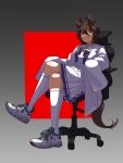  1girl 4me_4ma absurdres agnes_tachyon_(umamusume) ahoge animal_ears bow brown_hair chair closed_mouth coat commentary_request crossed_legs earrings gradient_background hair_between_eyes highres horse_ears horse_girl horse_tail jewelry lab_coat looking_at_viewer messy_hair office_chair on_chair open_clothes open_coat pleated_skirt purple_bow purple_shirt red_background red_eyes sailor_collar school_uniform shirt shoes short_hair single_earring sitting skirt sleeves_past_fingers sleeves_past_wrists smile sneakers socks solo summer_uniform swivel_chair tail tracen_school_uniform umamusume very_long_sleeves white_coat white_skirt white_socks 