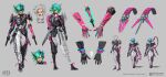  1girl absurdres alter_(apex_legends) apex_legends arrow_(symbol) artist_name black_footwear black_gloves black_sclera blue_hair colored_sclera concept_art copyright_name english_commentary gloves green_hair grey_background grey_pants head_tilt highres horns logo looking_at_viewer mechanical_arms mechanical_horns mechanical_tentacles multicolored_hair multiple_views official_art pants parted_lips ponytail production_art respawn_entertainment short_hair single_mechanical_arm smile third-party_source two-tone_hair walking white_eyes yang_niangniang 