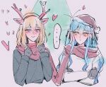  ... 2girls animal_ear_hairband animal_ears antlers bang_dream! bang_dream!_it&#039;s_mygo!!!!! black_coat black_gloves black_hat blonde_hair blue_hair blush christmas_tree closed_mouth coat commentary deer_ears expressionless fake_animal_ears gloves hairband hat heart highres horns long_sleeves maybecrosswise medium_hair misumi_uika multiple_girls red_scarf reindeer_antlers santa_hat scarf shared_clothes shared_scarf shirt smile spoken_ellipsis togawa_sakiko upper_body violet_eyes white_shirt yellow_eyes 