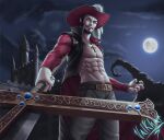  1boy abs absurdres beard black_hair castle closed_mouth clouds cloudy_sky commentary cross cross_necklace dracule_mihawk english_commentary facial_hair full_moon hat_feather highres holding holding_sword holding_weapon jewelry latin_cross male_focus moon mustache necklace night one_piece open_clothes outdoors photoshop_(medium) realistic short_hair sideburns signature sky solo sword valkhar weapon yellow_eyes 