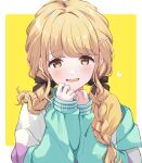  1girl blonde_hair blush braid commentary_request fang fujita_kotone gakuen_idolmaster hair_ribbon heart idolmaster jacket long_hair long_sleeves mini39mame multicolored_clothes multicolored_jacket ribbon simple_background skin_fang smile solo twin_braids two-tone_background upper_body yellow_background yellow_eyes 