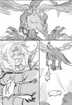  2boys 2girls ambrosia_(dungeon_meshi) braid carrying carrying_person chilchuck_tims chimera choker dungeon_meshi elf falin_touden falin_touden_(chimera) feathered_wings flying greyscale highres holding holding_staff laios_touden long_hair marcille_donato milfcookiesimp monochrome multiple_boys multiple_girls pointy_ears short_hair sketch staff taur wings 